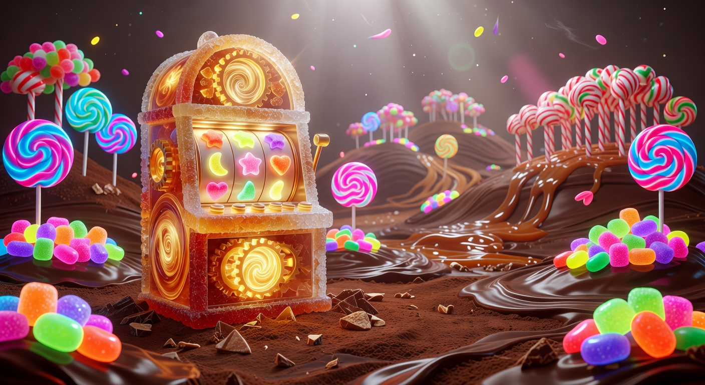 Cinematic candy fantasy world with glowing slot machine and premium neon sweets in a lush chocolate landscape